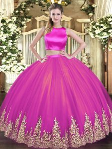 Sleeveless Floor Length Appliques Criss Cross Sweet 16 Dresses with Fuchsia