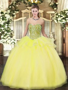 Designer Floor Length Yellow Quinceanera Gown Tulle Sleeveless Beading and Ruffles