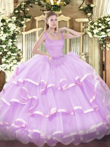 Straps Sleeveless Organza Quinceanera Gown Beading and Ruffled Layers Zipper