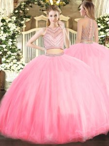 Classical Baby Pink Zipper Scoop Beading 15th Birthday Dress Tulle Sleeveless