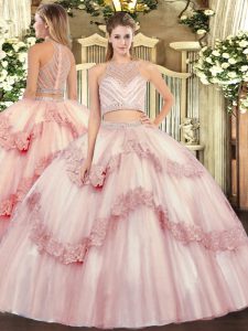 Fabulous Scoop Sleeveless Sweet 16 Dresses Floor Length Beading and Appliques Baby Pink Tulle