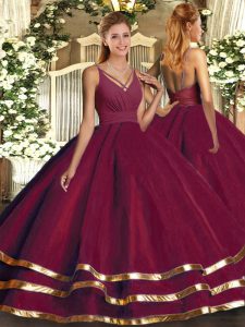 Nice Burgundy Quince Ball Gowns Sweet 16 and Quinceanera with Ruffled Layers V-neck Sleeveless Backless