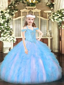 Off The Shoulder Sleeveless Lace Up Pageant Dresses Baby Blue Organza
