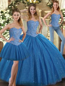 On Sale Teal Ball Gowns Beading Sweet 16 Dresses Lace Up Tulle Sleeveless Floor Length