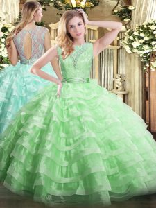 Nice Apple Green Backless Sweet 16 Dresses Lace and Ruffled Layers Sleeveless Floor Length