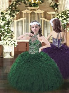 Sleeveless Organza Floor Length Lace Up Little Girls Pageant Dress in Dark Green with Beading and Ruffles