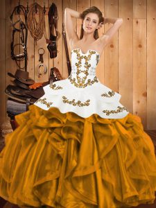 Suitable Strapless Sleeveless 15th Birthday Dress Floor Length Embroidery and Ruffles Gold Satin and Organza