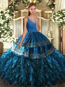 Dynamic Blue Sleeveless Beading and Appliques and Ruffles Floor Length Ball Gown Prom Dress