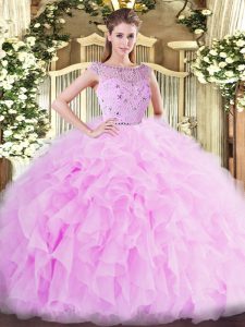 Floor Length Zipper Sweet 16 Dresses Lilac for Military Ball and Sweet 16 and Quinceanera with Beading and Ruffles