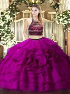 Fabulous Fuchsia Halter Top Zipper Beading and Ruffled Layers Quince Ball Gowns Sleeveless