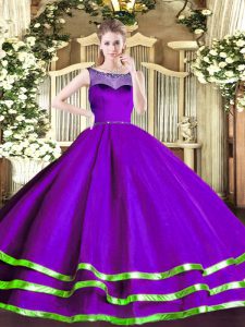 Pretty Purple Quince Ball Gowns Sweet 16 and Quinceanera with Beading and Ruffled Layers Scoop Sleeveless Zipper