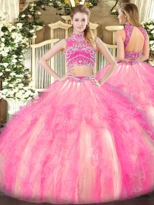Extravagant Watermelon Red and Rose Pink Backless High-neck Beading and Ruffles Quinceanera Gown Tulle Sleeveless