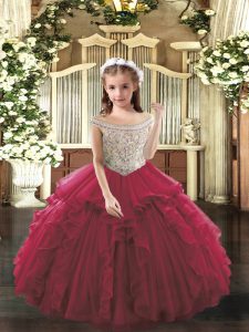 Sleeveless Floor Length Beading and Ruffles Lace Up Kids Formal Wear with Fuchsia
