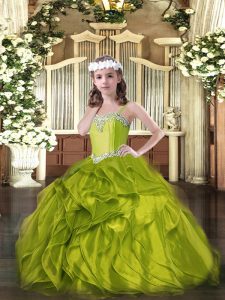 Sleeveless Organza Floor Length Lace Up Pageant Dress for Teens in Olive Green with Beading and Ruffles