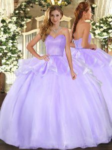 Delicate Lavender Sweetheart Lace Up Beading and Ruffles Quinceanera Gown Sleeveless