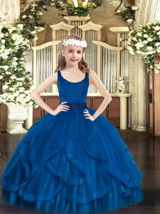 Royal Blue Ball Gowns Scoop Sleeveless Tulle Floor Length Zipper Beading and Ruffles Little Girls Pageant Dress Wholesale