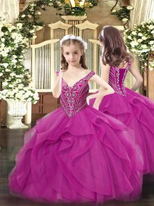 Sweet V-neck Sleeveless Lace Up Glitz Pageant Dress Fuchsia Tulle