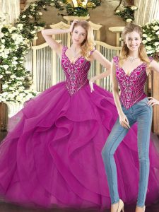 Fuchsia Ball Gowns Beading and Ruffles Ball Gown Prom Dress Lace Up Organza Sleeveless Floor Length