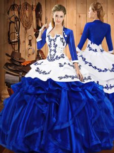 Beautiful Sleeveless Satin and Organza Floor Length Lace Up 15 Quinceanera Dress in Blue with Embroidery and Ruffles