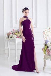Dark Purple Sleeveless Elastic Woven Satin Sweep Train Zipper Homecoming Dress for Prom and Party