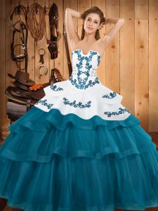 Fashion Teal Ball Gowns Tulle Strapless Sleeveless Embroidery and Ruffled Layers Lace Up 15 Quinceanera Dress Sweep Train