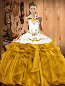 Romantic Gold Sleeveless Floor Length Embroidery and Ruffles Lace Up Vestidos de Quinceanera