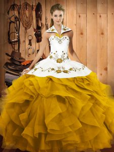 Embroidery and Ruffles Quinceanera Dress Gold Lace Up Sleeveless Floor Length