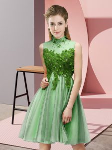Romantic Knee Length Empire Sleeveless Apple Green Dama Dress for Quinceanera Lace Up