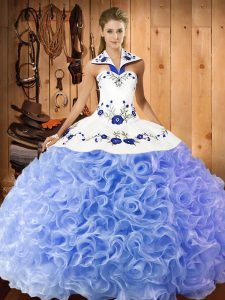 Dazzling Halter Top Sleeveless Ball Gown Prom Dress Floor Length Embroidery Lavender Fabric With Rolling Flowers