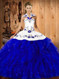 Floor Length Lace Up Ball Gown Prom Dress Blue And White for Military Ball and Sweet 16 and Quinceanera with Embroidery and Ruffles
