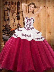 Sleeveless Floor Length Embroidery Lace Up Sweet 16 Quinceanera Dress with Hot Pink