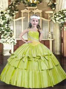 Fashion Yellow Green Little Girl Pageant Gowns Party and Quinceanera with Beading and Ruffled Layers Straps Sleeveless Lace Up