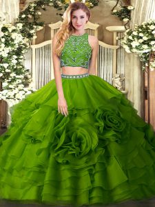 Olive Green Sleeveless Floor Length Beading and Ruffled Layers Zipper Quinceanera Dresses