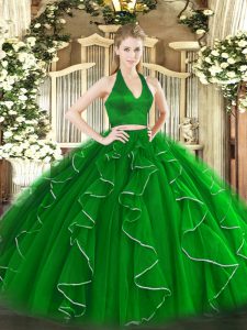 Flirting Green Halter Top Zipper Ruffles 15th Birthday Dress Sleeveless