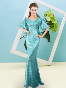 Beautiful Aqua Blue Sequined Zipper Homecoming Dress Half Sleeves Floor Length Sequins