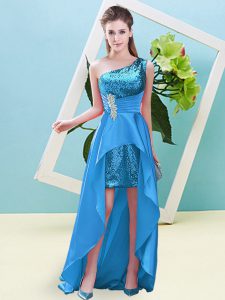 Elegant Sleeveless High Low Beading and Sequins Lace Up with Baby Blue