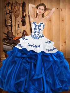 Chic Blue Lace Up Strapless Embroidery and Ruffles Sweet 16 Quinceanera Dress Satin and Organza Sleeveless