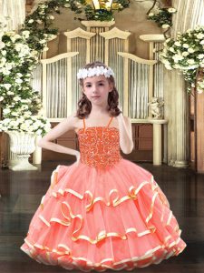 Eye-catching Watermelon Red Organza Lace Up Scoop Sleeveless Floor Length Winning Pageant Gowns Beading and Ruffled Layers