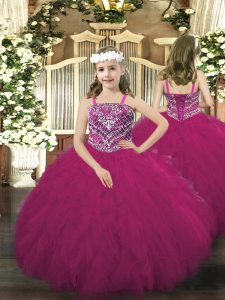 Fuchsia Lace Up Straps Beading and Ruffles Pageant Dress for Teens Tulle Sleeveless