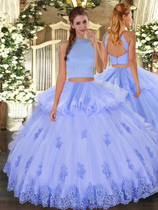 Fine Tulle Halter Top Sleeveless Backless Beading and Appliques and Ruffles Quinceanera Dress in Light Blue