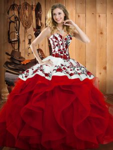 High Class Wine Red Sleeveless Satin and Organza Lace Up Sweet 16 Dress for Military Ball and Sweet 16 and Quinceanera