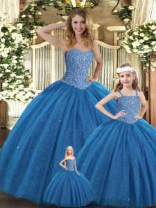 Teal Ball Gowns Tulle Sweetheart Sleeveless Beading Floor Length Lace Up Quinceanera Gown