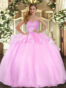 Pink Ball Gowns Sweetheart Sleeveless Organza Floor Length Lace Up Beading and Ruffles Sweet 16 Quinceanera Dress