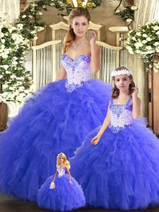 Chic Beading and Ruffles Sweet 16 Dress Blue Lace Up Sleeveless Floor Length