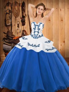 Blue Satin and Organza Lace Up Strapless Sleeveless Floor Length Quinceanera Dresses Embroidery