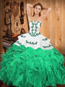 Nice Ball Gowns Sweet 16 Dress Turquoise Strapless Satin and Organza Sleeveless Floor Length Lace Up