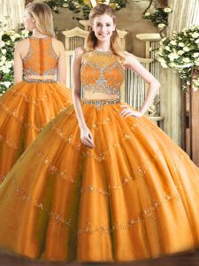 Orange Tulle Zipper Vestidos de Quinceanera Sleeveless Floor Length Beading