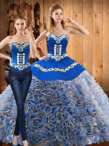 Pretty With Train Lace Up 15th Birthday Dress Multi-color for Military Ball and Sweet 16 and Quinceanera with Embroidery Sweep Train