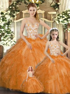 Orange Red Vestidos de Quinceanera Military Ball and Sweet 16 and Quinceanera with Beading and Ruffles Straps Sleeveless Lace Up