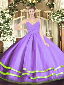 Sleeveless Organza Floor Length Zipper Quinceanera Dresses in Lavender with Ruffled Layers